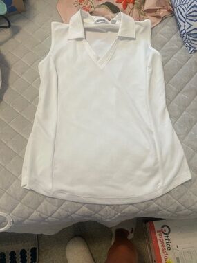 Lady Hagen White Sleeveless Polo Tank with V-Neck Collar